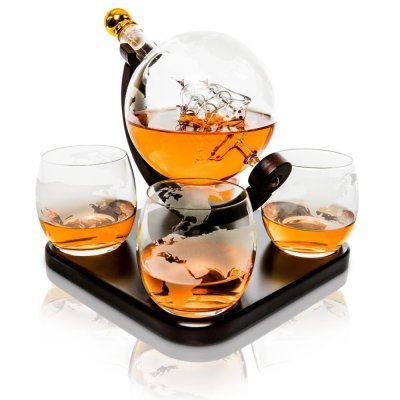 Whiskeykaraff Globe med 4 glas & Träplatta